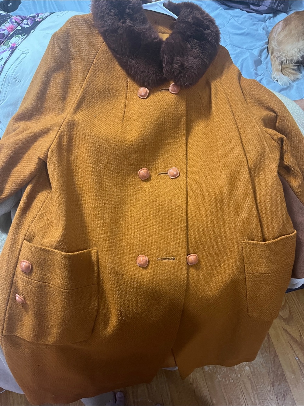 Women's Camel Brown Wool-Blend Pea Coat with Faux Fur Collar